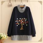 Inset Check Shirt Tree Print Fleece-lined Sweater