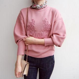 Balloon-sleeve Floral Pattern Knit Top