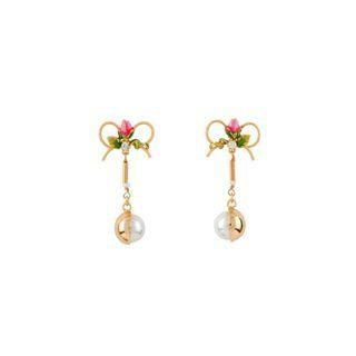Fashion And Elegant Plated Gold Enamel Flower Ribbon Earrings With Imitation Pearls Golden - One Size