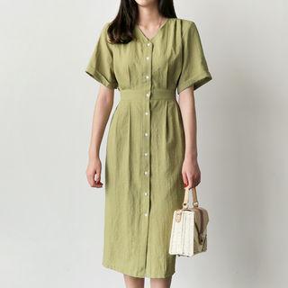 V-neck Smocked-waist Long Shirtdress