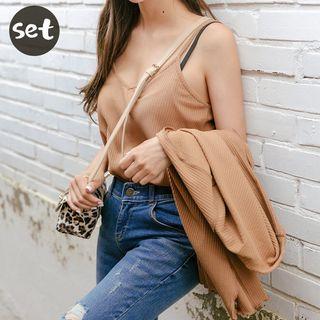 Set: Lettuce-edge Ribbed Textured Cardigan + Camisole Top