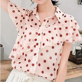 Ruffle Trim Dotted Short-sleeve Chiffon Top