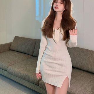 Long-sleeve Knit Bodycon Dress Off-white - One Size