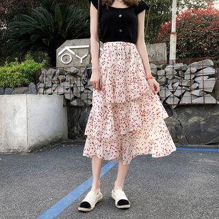 Heart Print Chiffon Midi Tiered Skirt