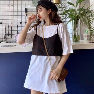 Set: Elbow-sleeve Plain T-shirt + Vest
