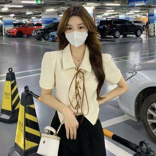 Short-sleeve Collar Lace-up Top / Pleated Mini A-line Skirt