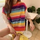 Short-sleeve Mock Two-piece Lettering Striped T-shirt
