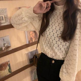 Puff-sleeve Floral Print Lace Blouse