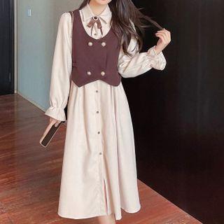 Set: Long-sleeve Ribbon Accent Midi Shirt Dress + Double-breasted Vest