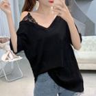 Mock Two-piece Elbow-sleeve Cold Shoulder T-shirt