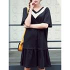 Contrast V-neck Ruffle-hem Dress