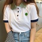 Smiley Face Embroidered Tipped Short Sleeve Polo Shirt