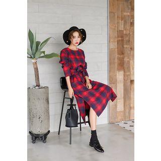 Tie-waist Checked Midi Dress