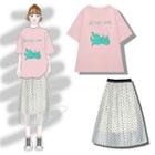 Elbow-sleeve Cartoon T-shirt / Polka Dot Mesh Overlay A-line Midi Skirt