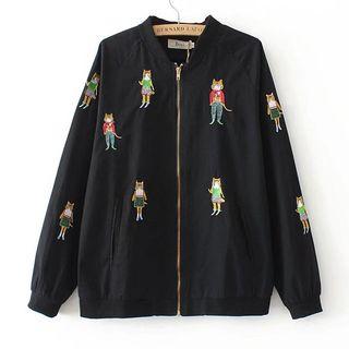 Cat Embroidery Zip-up Jacket