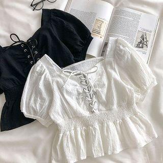 Short-sleeve Lace Up Blouse