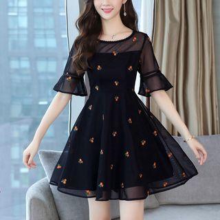 Bell-sleeve Floral Embroidered Mesh A-line Dress