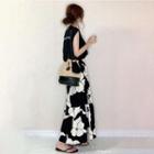 Set: Cap-sleeve Lettering T-shirt + Floral Midi A-line Skirt Black - One Size