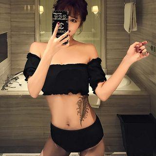 Set Of 2: Short-sleeve Off Shoulder Swim Top + Swim Shorts