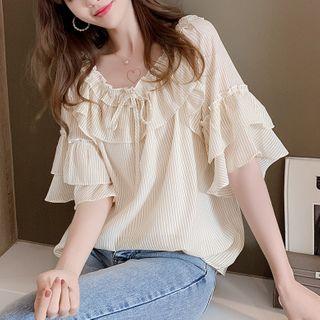 Striped Elbow-sleeve Ruffle Chiffon Blouse Stripes - Yellow & White - One Size