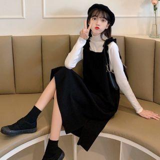 Ruffle Trim Pinafore Dress / Plain Turtleneck Top