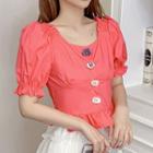 Short-sleeve Frill Trim Buttoned Cropped Top