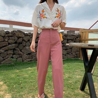 Elbow-sleeve Embroidered Flower Shirt / Wide-leg Pants
