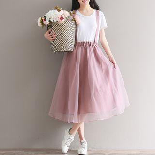 Plain Mesh Overlay Suspender Skirt