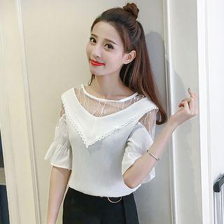 Mesh Panel Short Sleeve Chiffon Blouse