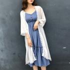 Set: V-neck Spaghetti Strap Dress + Lace Trim Open Front Jacket