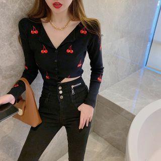 Long-sleeve Cherry Embroidered Knit Crop Top 7268 - Red Cherry - Black - One Size