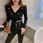 Long-sleeve Cherry Embroidered Knit Crop Top 7268 - Red Cherry - Black - One Size