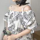 Leaf Print Short-sleeve Cold-shoulder Sundress