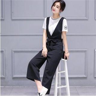 Set: Shrot Sleeve T-shirt + Plain Wide Leg Pinafore Jumpsuit