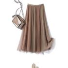 Color Block Mesh Midi A-line Skirt Brown - One Size
