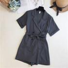 Short-sleeve Tie-waist Double-breasted Blazer Playsuit