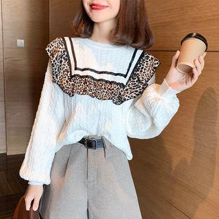 Leopard Print Panel Ruffle Sweater