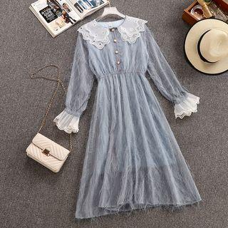 Long-sleeve Fringed Midi A-line Chiffon Dress