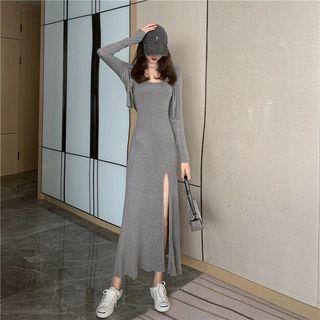 Set : Plain Skinny Split Dress + Plain Cardigan