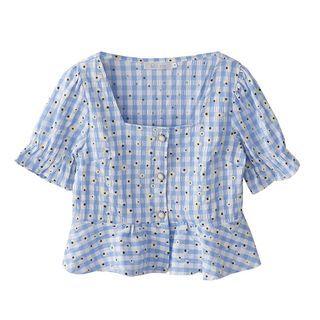 Short-sleeve Floral Gingham Check Blouse
