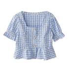 Short-sleeve Floral Gingham Check Blouse