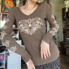 Long Sleeve V-neck Heart Print Ribbed-knit Top