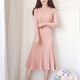 Long-sleeve Buttoned A-line Knit Dress