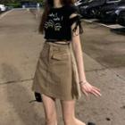 Cartoon Print Lace-up Cropped Top + Cargo Mini Skirt