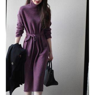 Tie-waist Turtleneck Sweater Dress Violet - One Size