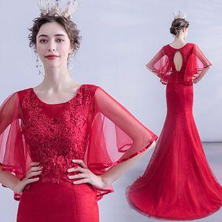 Layered Elbow-sleeve Mermaid Evening Gown