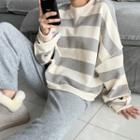 Overlock-stitch Stripe Sweatshirt Gray - One Size