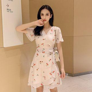Short-sleeve Cherry Printed Chiffon Mini Dress