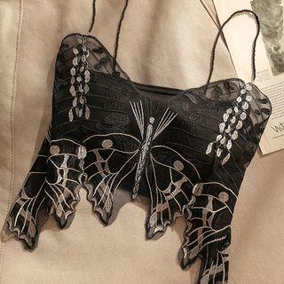 Set: Butterfly Embroidered Mesh Camisole Top + Tube Top Black - One Size