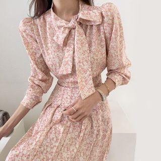 Set: Scarf-neck Floral Blouse + Pleated Midi Skirt